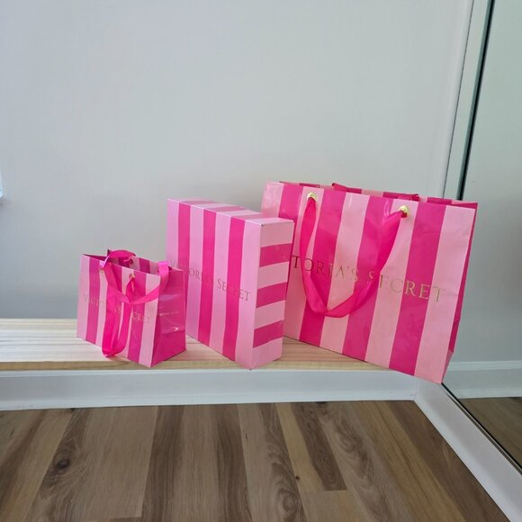 Victoria's Secret 1 Gift Box 2 Shopping Paper Bags Vintage Pink Striped - Picture 1 of 4